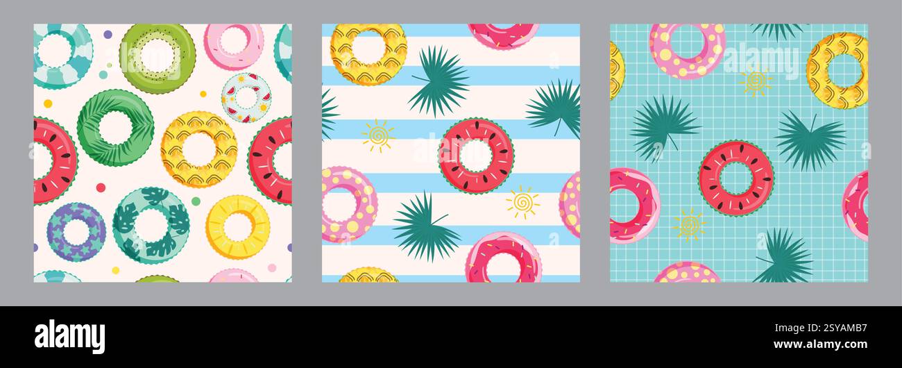 Galleggia il set di clipart di disegno senza cuciture. Clip ad anello gonfiabile galleggiante in carta da parati sfondo continuo collezione estiva illustrazione vettoriale. Illustrazione Vettoriale