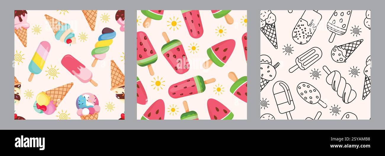Set di ritagli da disegno senza cuciture per gelato. Anguria Popsicle disegna e delinea una collezione infinita di clip art per la carta da parati estiva con sfondo continuo Illustrazione Vettoriale