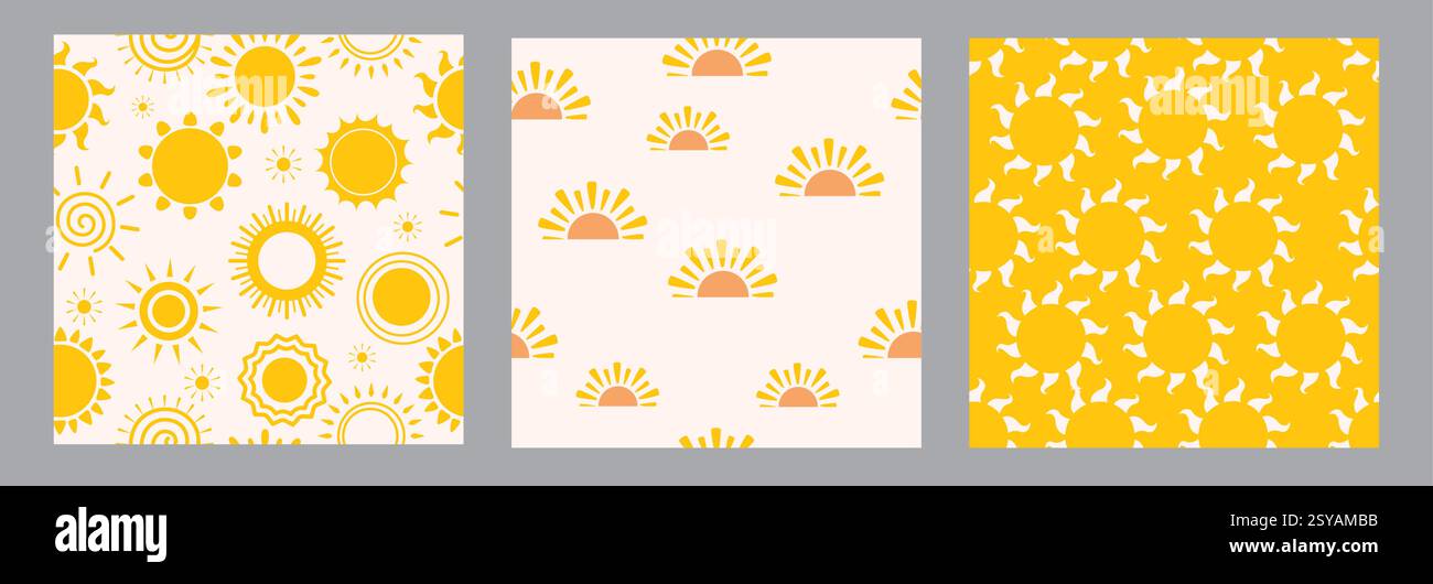 Set di clip art senza cuciture Sun Drawing. Icona gialla del sole clipart continuo per la raccolta di sfondi e sfondi vettore di design dell'alba e del tramonto Illustrazione Vettoriale