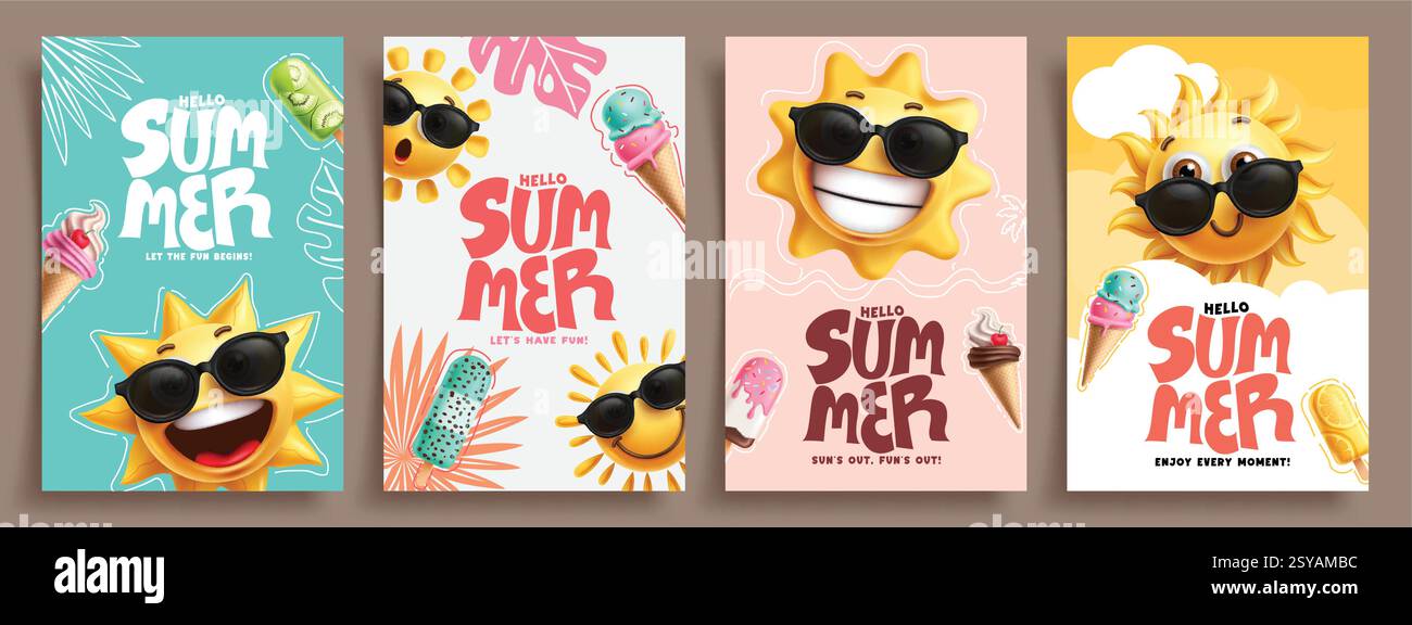 Buongiorno set di poster clipart estivi. Clip art per biglietti d'auguri estivi con occhiali da sole ed elementi tropicali su sfondo vettoriale colorato Illustrazione Vettoriale