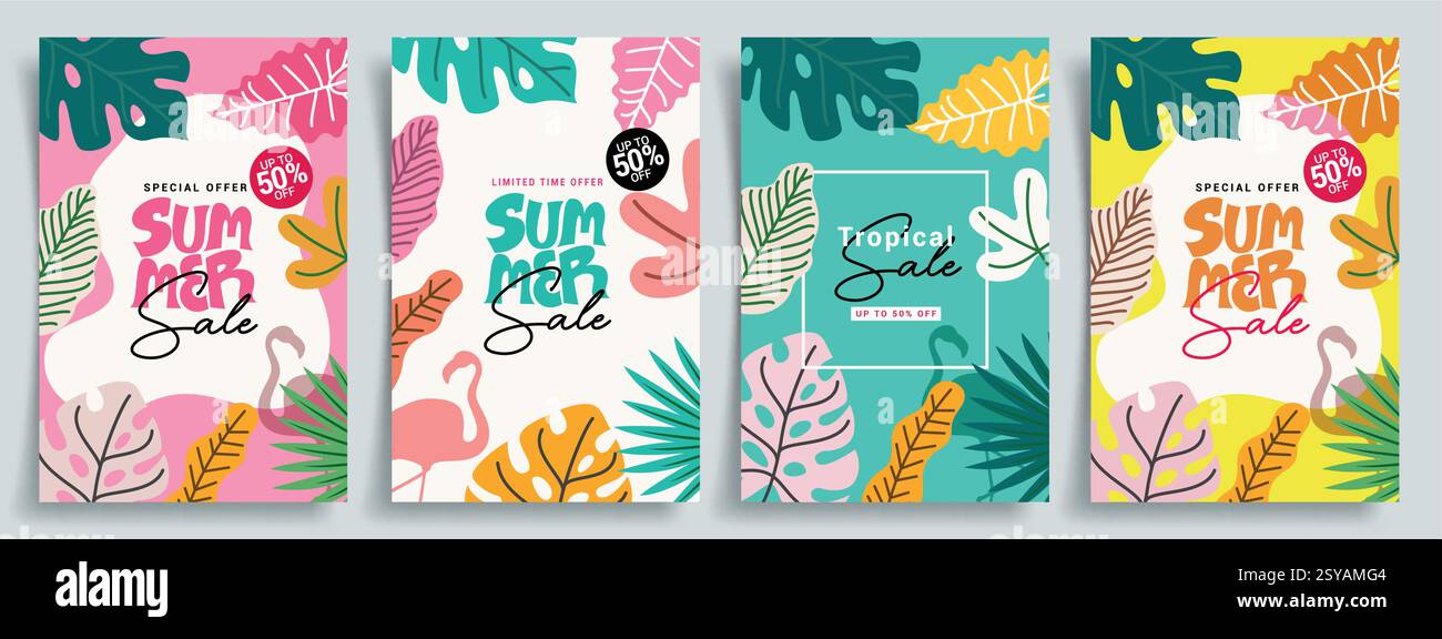 Set di poster clipart con vendita estiva. Foglie tropicali estive e clip art di fenicottero con offerta limitata promozione sconto su sfondo astratto colorato Illustrazione Vettoriale