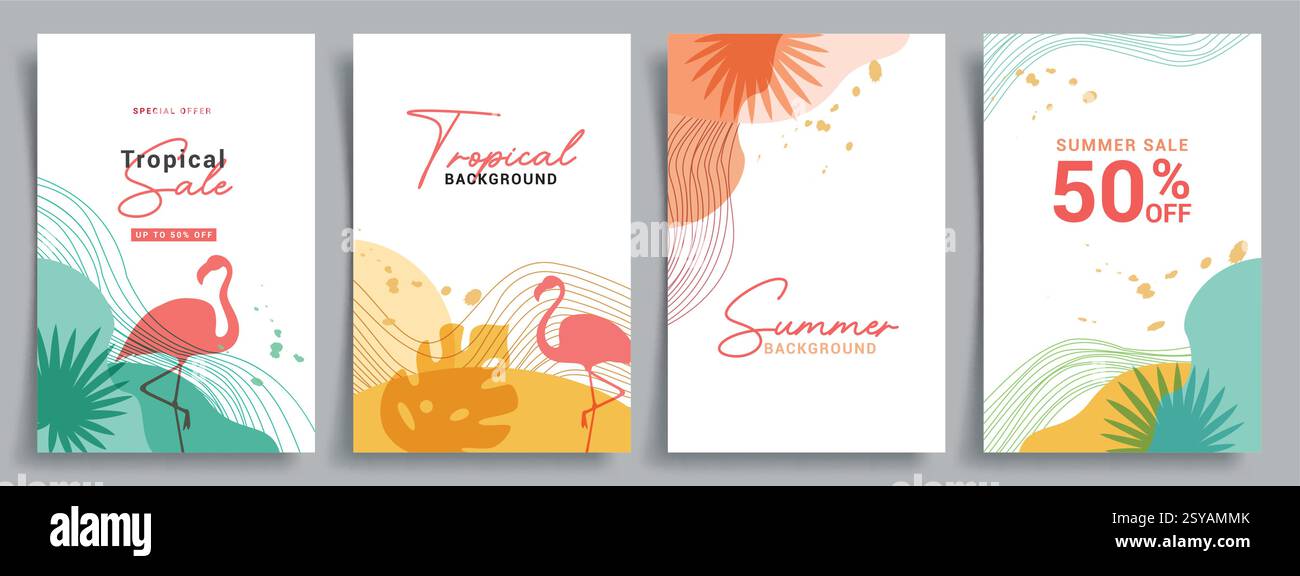 Set di poster clipart con vendita estiva. Offerta promozionale estiva tropicale con fenicottero e clip art di foglie in una colorata collezione di sfondo astratto Illustrazione Vettoriale