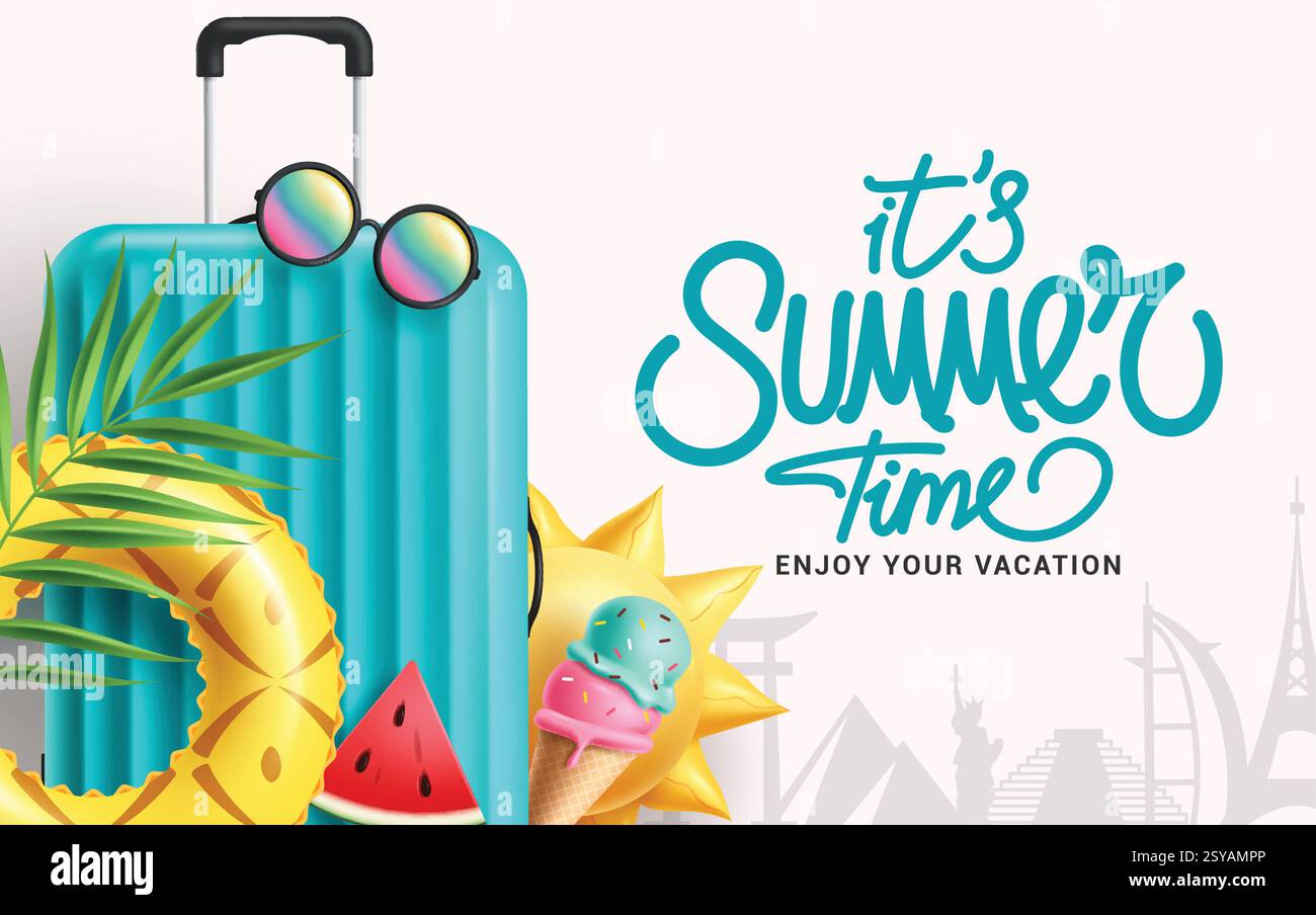 Design clipart in estate. Clip art per le vacanze estive con bagagli, galleggianti ed elementi solari tropicali per destinazioni internazionali Illustrazione Vettoriale