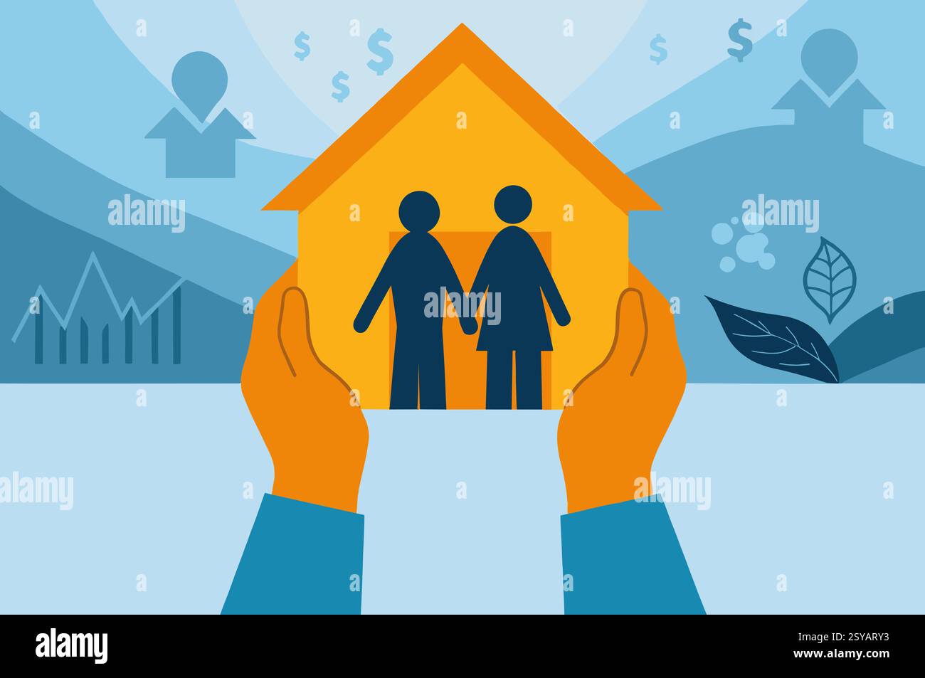 Due figure tengono in mano un'icona della casa, che simboleggia la proprietà della casa. Attorno a loro ci sono grafici che rappresentano la crescita finanziaria, gli investimenti, il AN Foto Stock