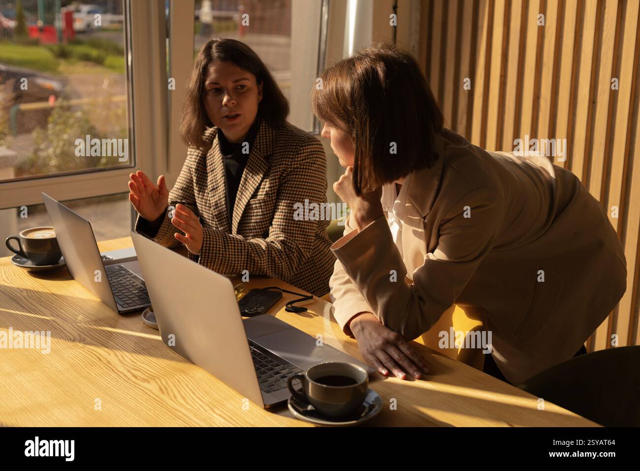 due donne stanno lavorando sui notebook, una di loro si appoggia al gomito sul tavolo Foto Stock