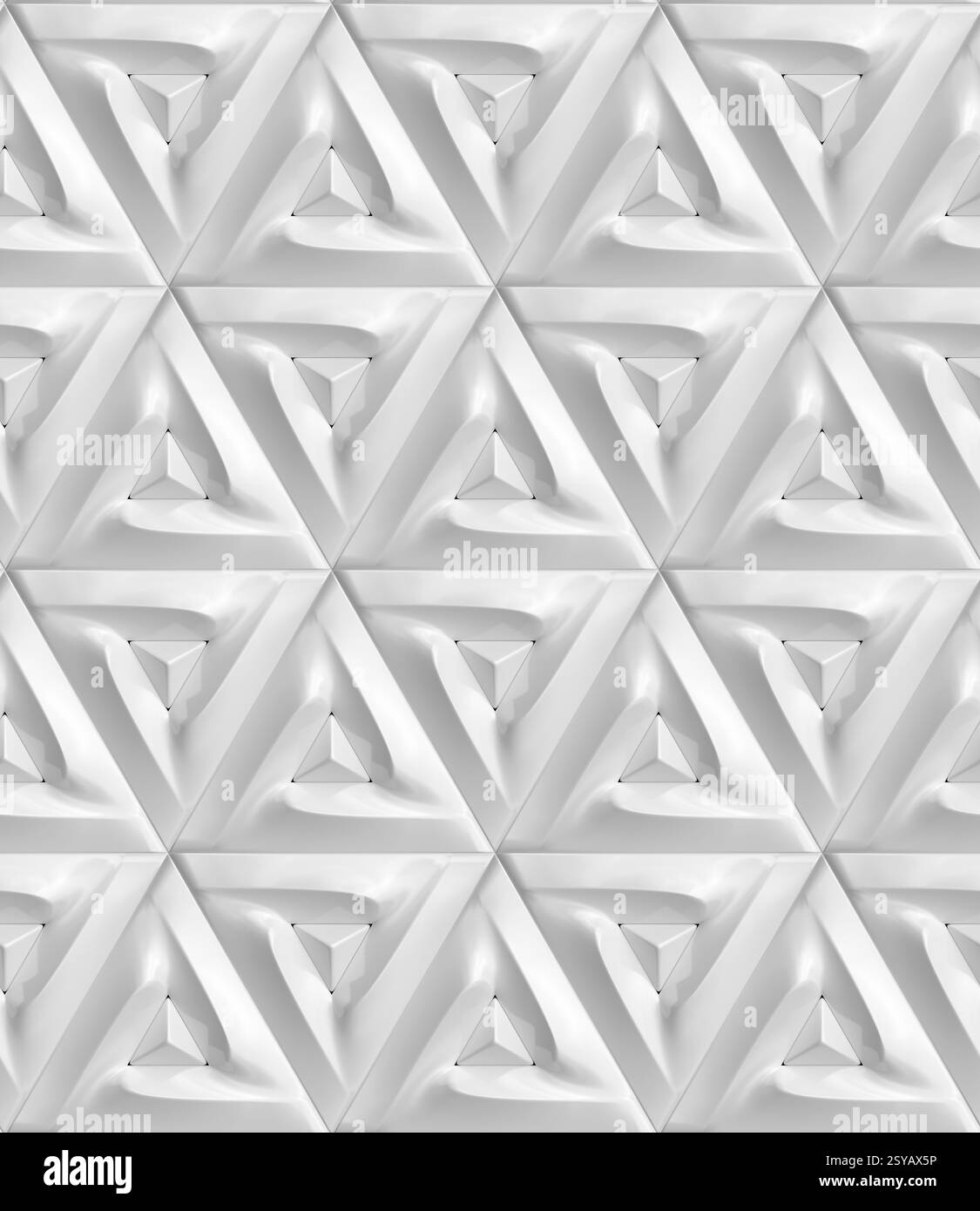 Un motivo geometrico 3D senza cuciture caratterizzato da forme triangolari in una tavolozza monocromatica. Questa illustrazione astratta è ideale per la moderna carta da parati e testo Foto Stock