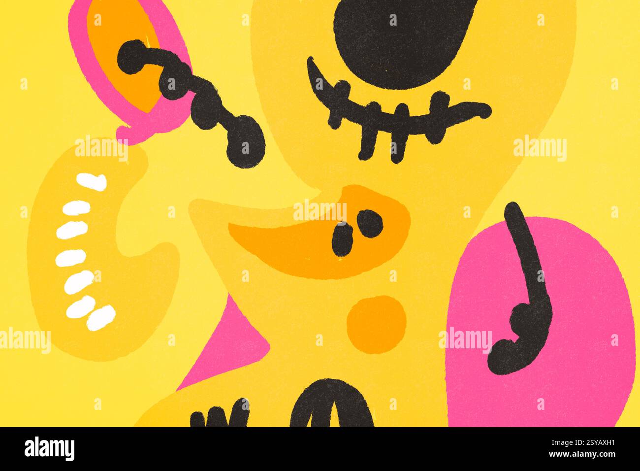 Questa brillante e vivace illustrazione presenta forme astratte e scarabocchi in una vivace tavolozza di colori giallo e rosa, perfetta per sfondi vivaci e c Foto Stock