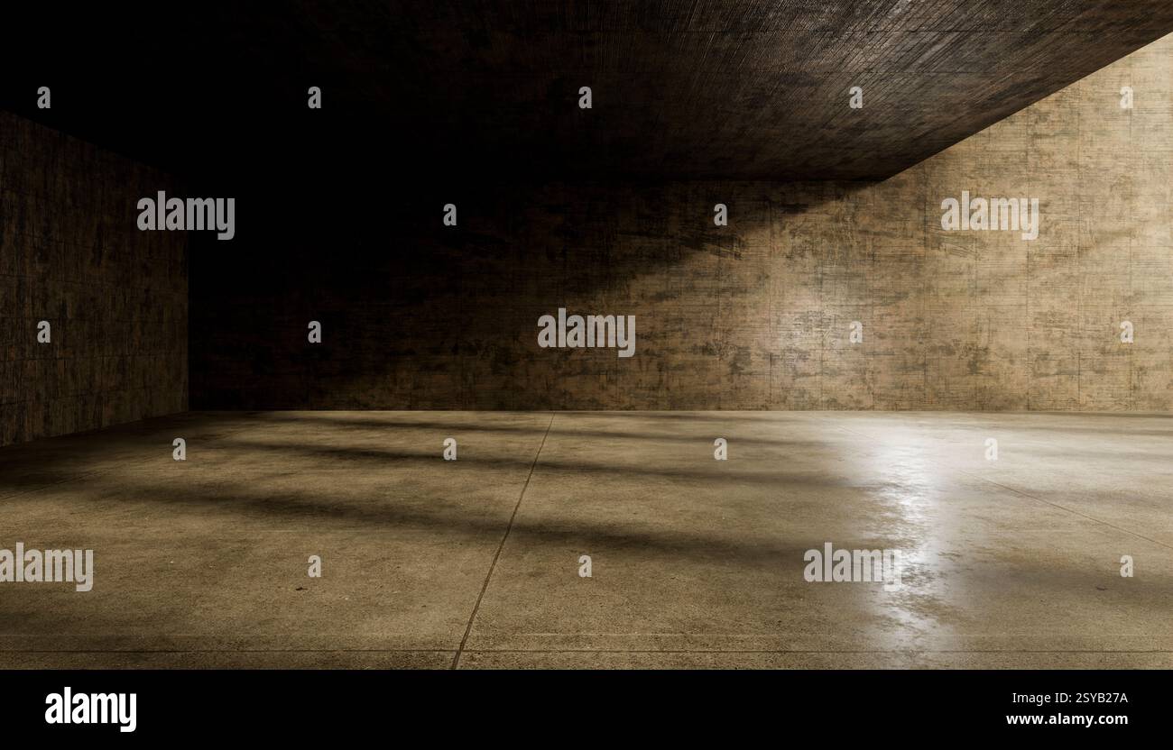 Una vista astratta di una stanza vuota in cemento con pareti e pavimento in tessuto, illuminati da luci e ombre spettacolari, che creano un atmo moody e minimalista Foto Stock