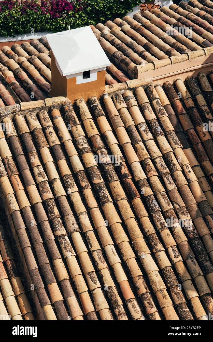 Dall'esterno di un vecchio edificio con tetti piastrellati nelle giornate di sole Foto Stock