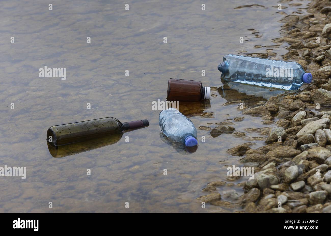 Inquinamento ambientale, rifiuti domestici lavati sulla riva del lago, bottiglie di plastica e vetro, Austria, Europa Foto Stock