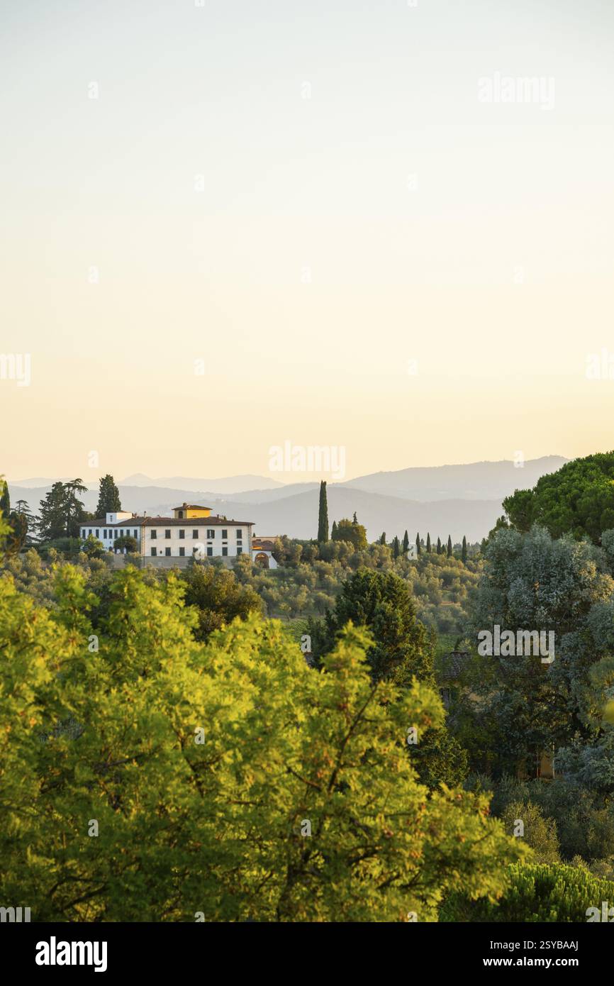 Paesaggio toscano all'alba, tenuta di campagna con un agriturismo, vigneti, boschi, ulivi e cipressi nel Chianti, nella regione del Chianti, in Toscana, nell'Ital Foto Stock