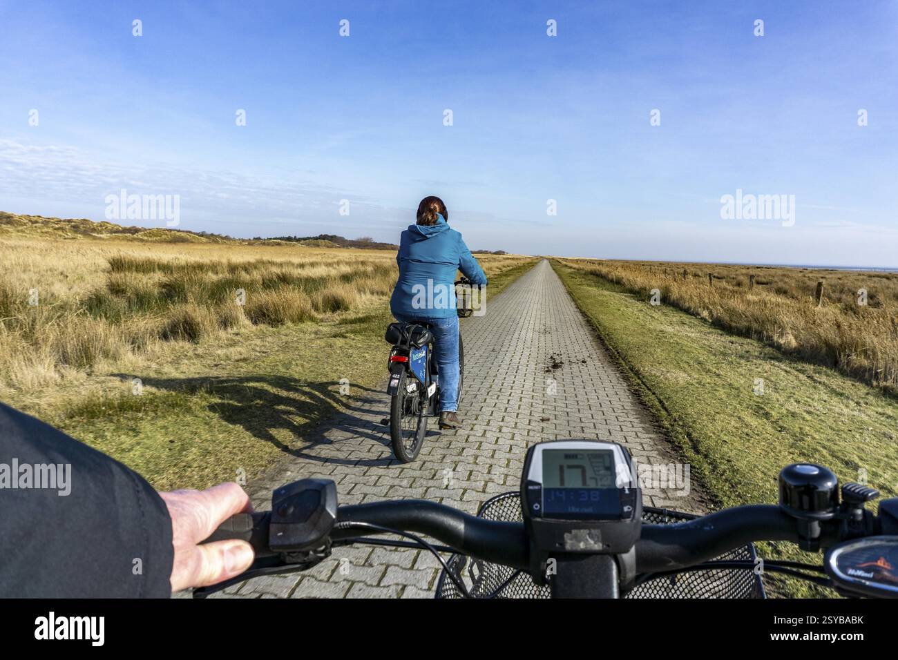 L'isola di Juist nella Frisona orientale del Mare del Nord in inverno, in bicicletta nella parte occidentale dell'isola, su sentieri di diga, fino a Domaene Bill, bicicletta elettrica, bassa Sassonia, Germania Foto Stock