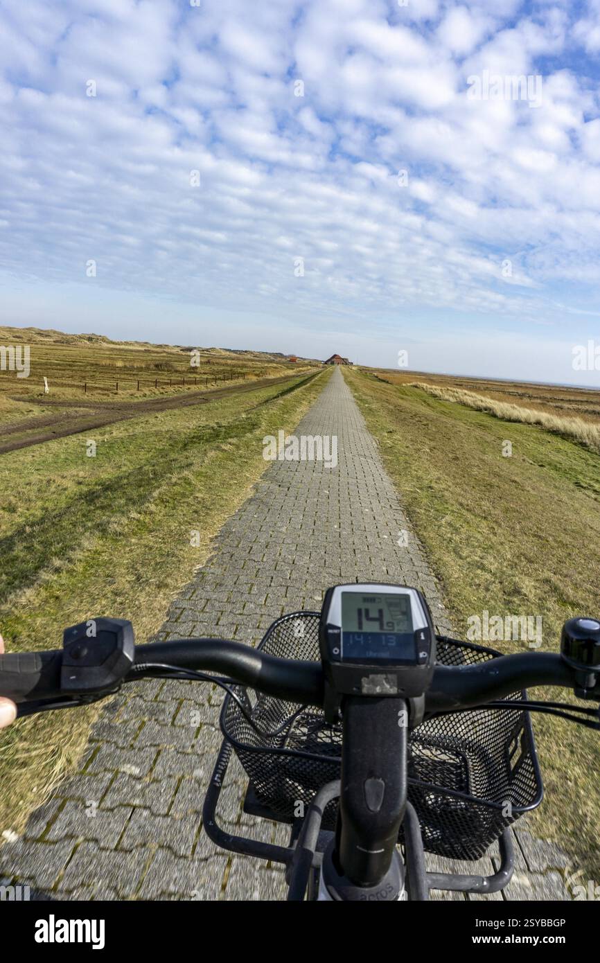 L'isola di Juist nella Frisona orientale del Mare del Nord in inverno, in bicicletta nella parte occidentale dell'isola, su sentieri di diga, fino a Domaene Bill, bicicletta elettrica, bassa Sassonia, Germania Foto Stock