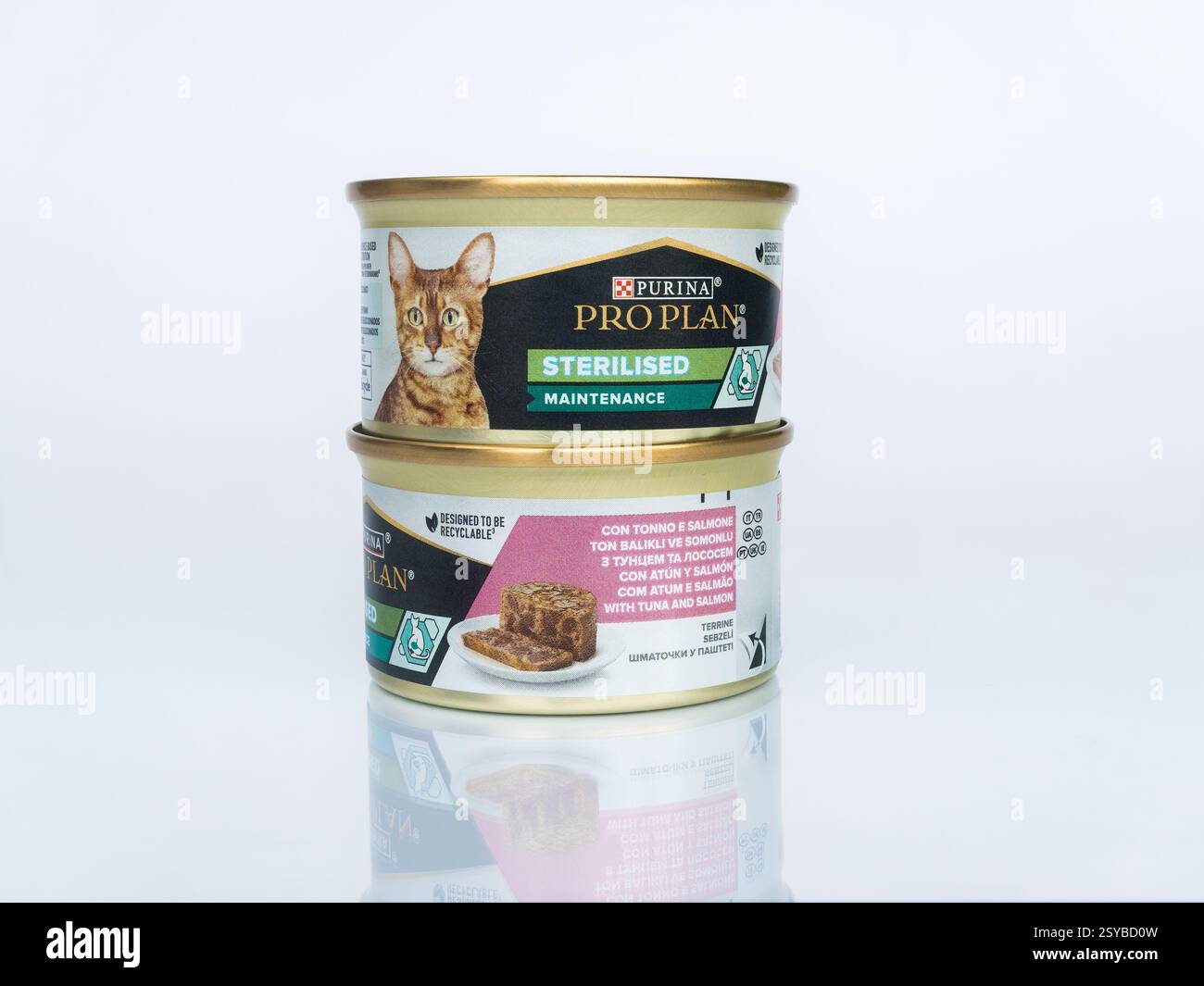 Una pila di due lattine di cibo a razione completa in porzioni sterilizzate Purina Pro Plan per gatti sterilizzati, con tonno e salmone Foto Stock