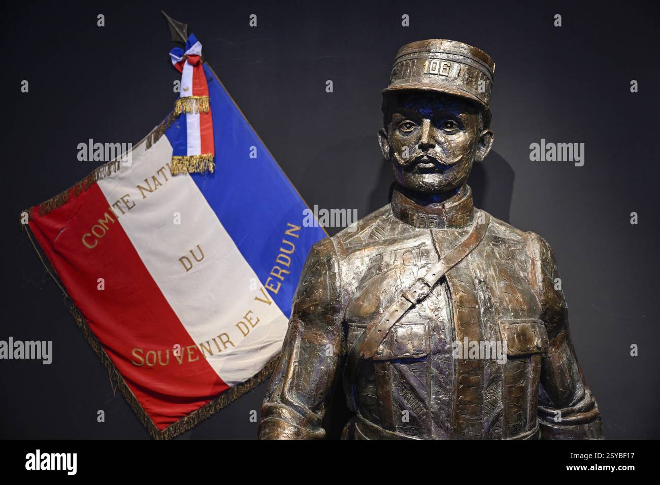 Soldato di bronzo con bandiera francese nel Memorial de Verdun, Museo, prima guerra mondiale, Verdun, regione Grand Est, Francia, Europa Foto Stock
