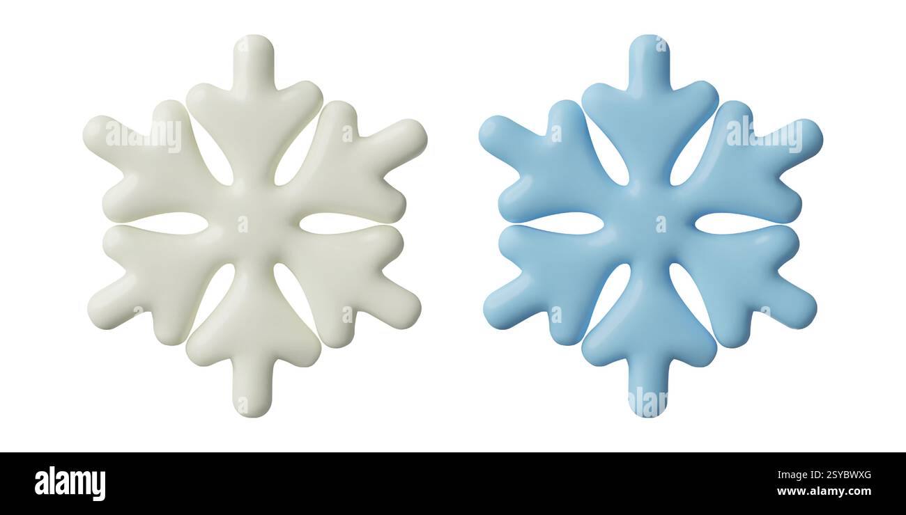 Fiocchi di neve bianchi e blu icona minimale 3D decorazione tridimensionale in plastica lucida per le vacanze invernali Illustrazione Vettoriale