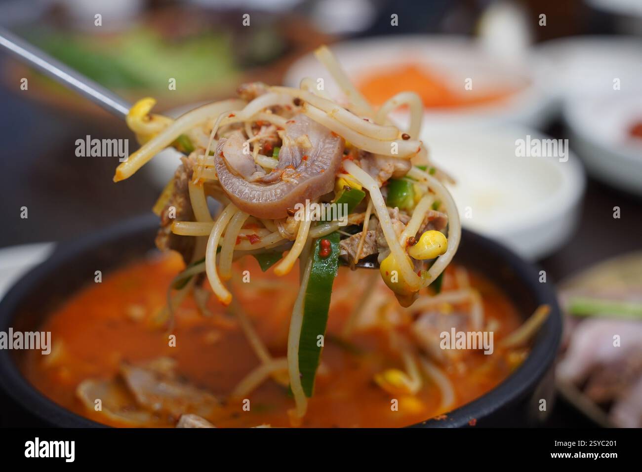 La zuppa di maiale è una zuppa fatta con carne di maiale, intestini e salsiccia di sangue, ed è un cibo coreano rappresentativo. Foto Stock