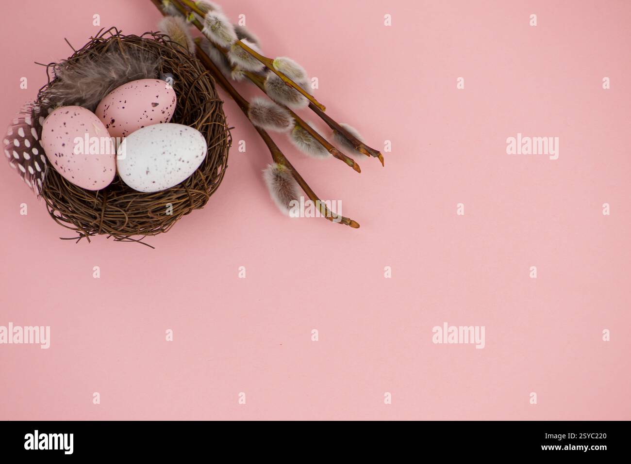 Uova di Pasqua in un cestino con salice su sfondo rosa Foto Stock