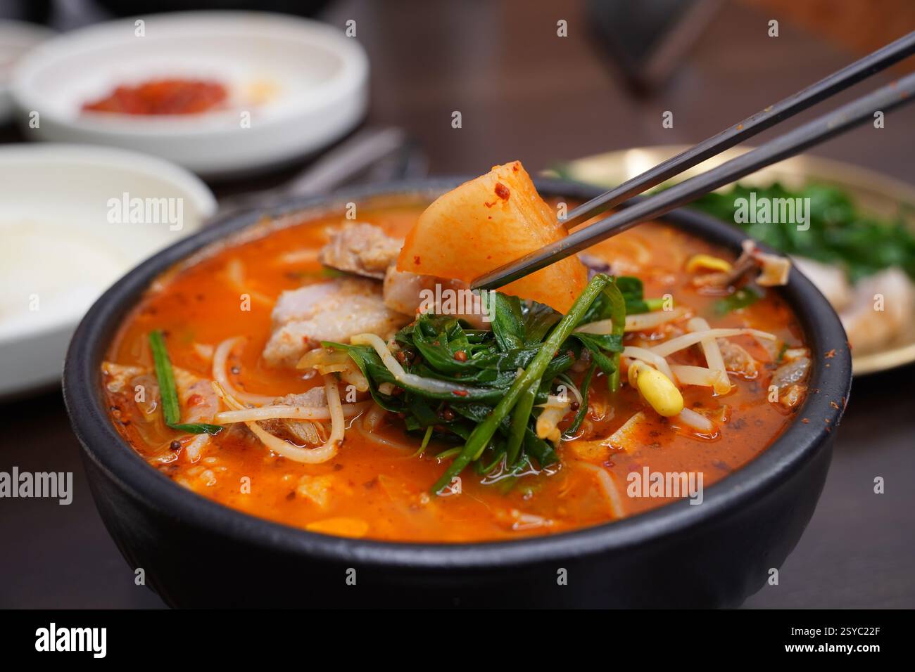 La zuppa di maiale è una zuppa fatta con carne di maiale, intestini e salsiccia di sangue, ed è un cibo coreano rappresentativo. Foto Stock