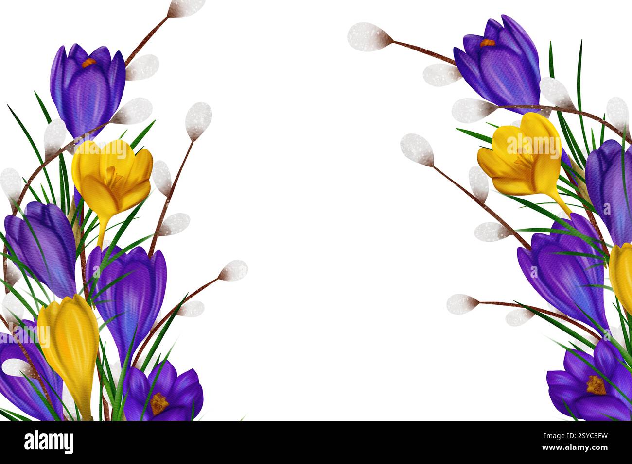 Cornice rettangolare orizzontale pasquale, striscione, con croci gialli e viola, rami verdi, Foto Stock