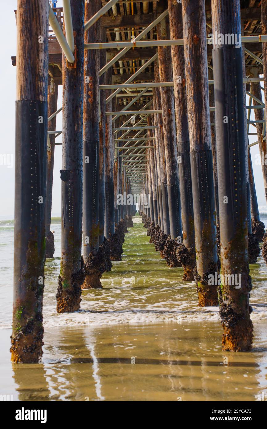 Vista sotto il molo Oceanside in California, dove colonne di legno si ergono alte in acque calme e onde morbide si infrangono sui supporti con luce che splende attraverso Foto Stock