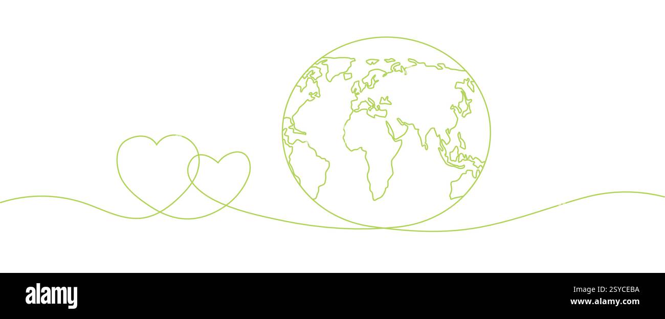 Linea minimalista continua che disegna un cuore che abbraccia la Terra con una mappa del mondo, simboleggiando l'amore Illustrazione Vettoriale