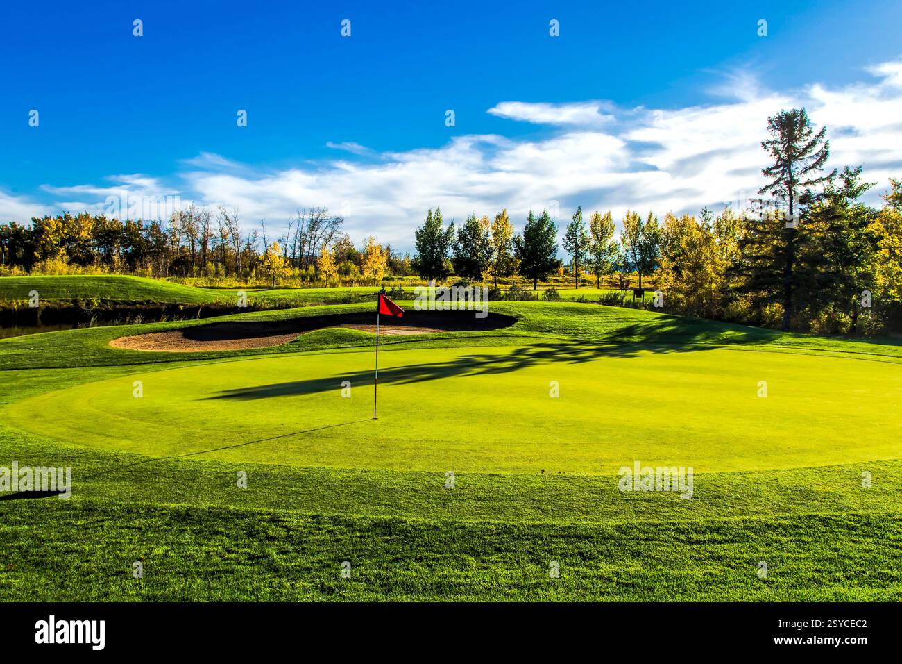 Campo da golf con un lussureggiante campo verde e una bandiera rossa posta a terra nel mezzo del campo. La bandiera è posizionata vicino al centro del fiel Foto Stock
