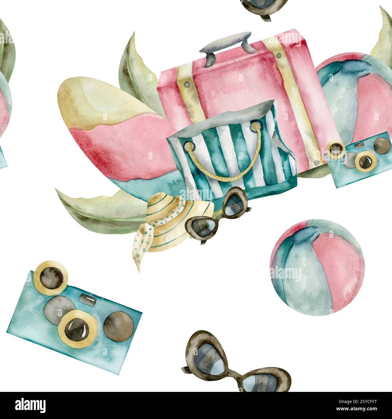 Motivo estivo rétro senza cuciture con valigie rosa, surf, occhiali da spiaggia e illustrazione vintage con acquerello. Sfondo tropicale in stile Hawaii Foto Stock