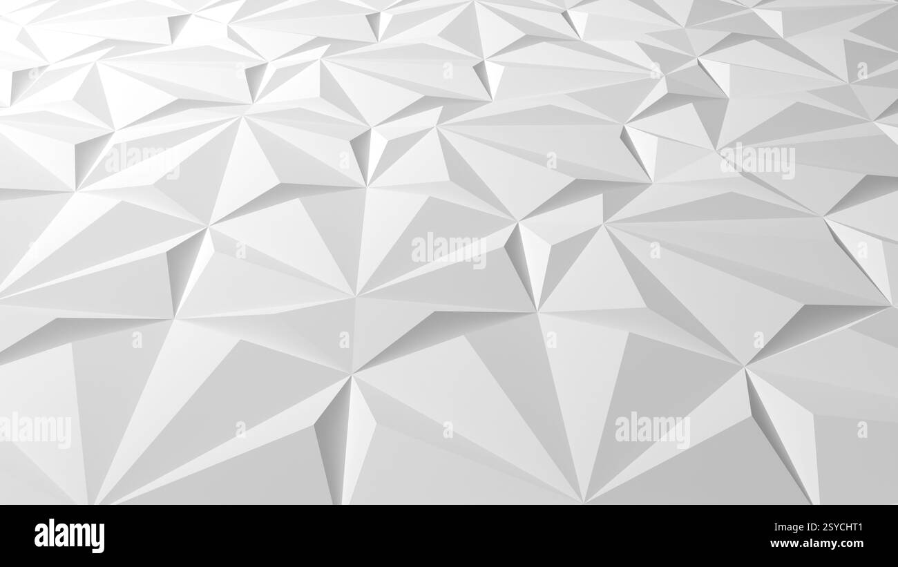 Motivo 3D astratto caratterizzato da poligoni bianchi geometrici con forme triangolari, che creano una superficie testurizzata adatta a temi e ambienti di design moderni Foto Stock Motivo 3D astratto caratterizzato da poligoni bianchi geometrici con forme triangolari, che creano una superficie testurizzata adatta a temi e ambienti di design moderni Foto Stock