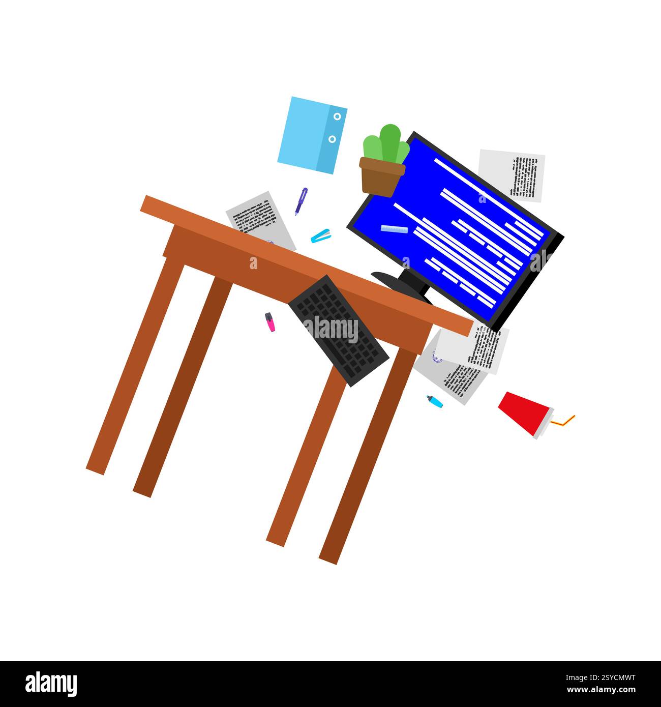 Tavolo disperso isolato. Rabbia del lavoratore d'ufficio. Concetto di lavoro nervoso Illustrazione Vettoriale