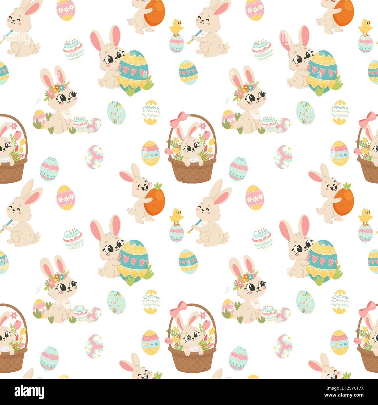 : Un divertente e colorato motivo senza cuciture con coniglietti, pulcini e uova decorative. Ideale per confezioni, tessuti e disegni di carte. Illustrazione Vettoriale