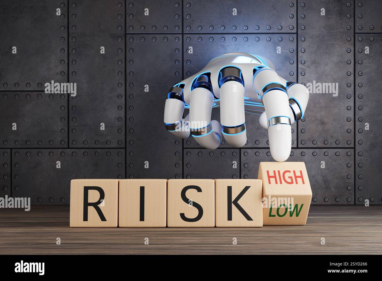 Mano robotica bianca che gira un blocco di giocattoli in legno per scegliere tra alto e basso rischio. Incertezza degli investimenti, analisi finanziaria e rating dei fondi Foto Stock
