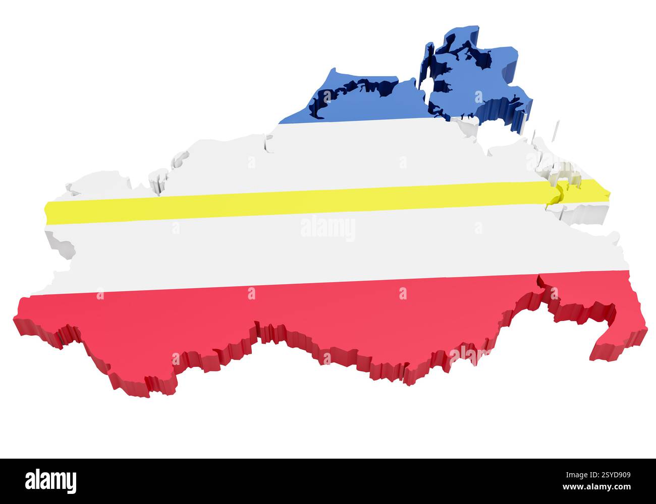 Lo stato tedesco Meclemburgo-Pomerania Occidentale (Meclemburgo-Vorpommern) evidenziò e copriva secondo la bandiera ufficiale. Isolato su fondo bianco puro Foto Stock