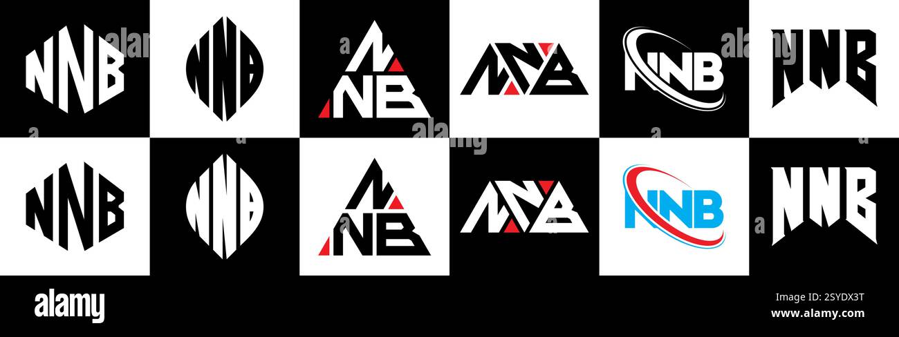 Design con logo NNB Letter in sei stili. Poligono NNB, cerchio, triangolo, esagono, piatto e semplice con logo lettera variazione colore bianco e nero Illustrazione Vettoriale
