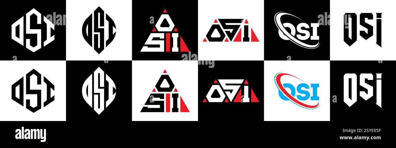 Logo OSI Letter in sei stili. Poligono OSI, cerchio, triangolo, esagono, piatto e semplice con logo lettera variazione colore bianco e nero Illustrazione Vettoriale