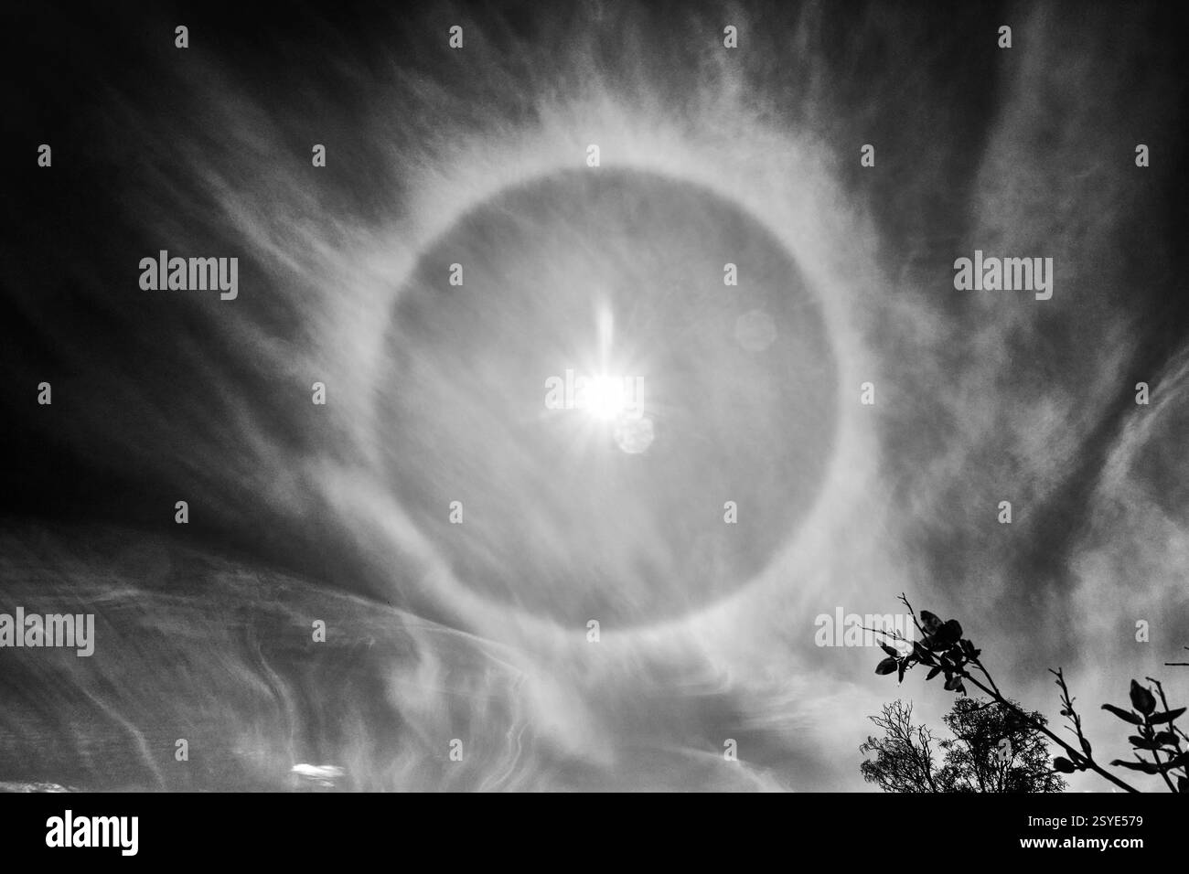 Interpretazione astratta dell'alone solare in bianco e nero Foto Stock