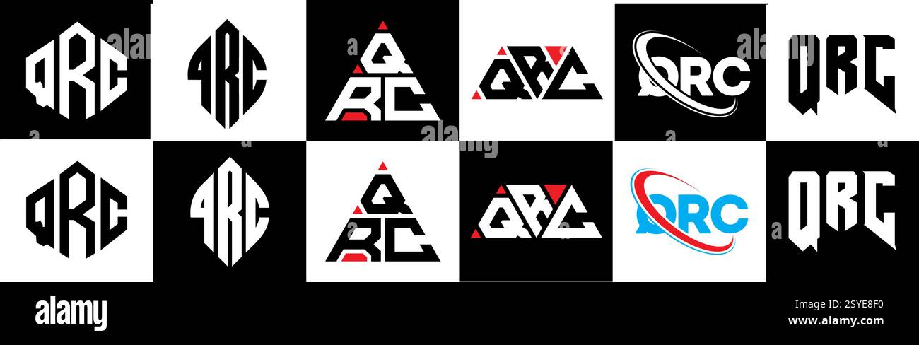 Logo con lettera QRC in sei stili. Poligono QRC, cerchio, triangolo, esagono, piatto e semplice con logo lettera variazione colore bianco e nero Illustrazione Vettoriale