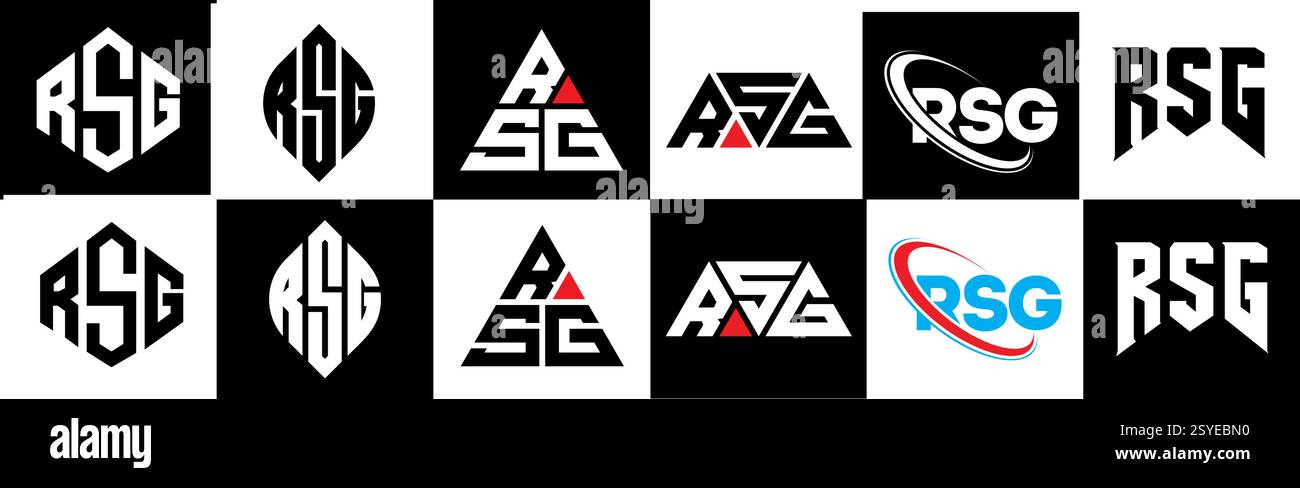 Logo RSG Letter in sei stili. Poligono RSG, cerchio, triangolo, esagono, piatto e semplice con logo lettera di variazione colore bianco e nero Illustrazione Vettoriale