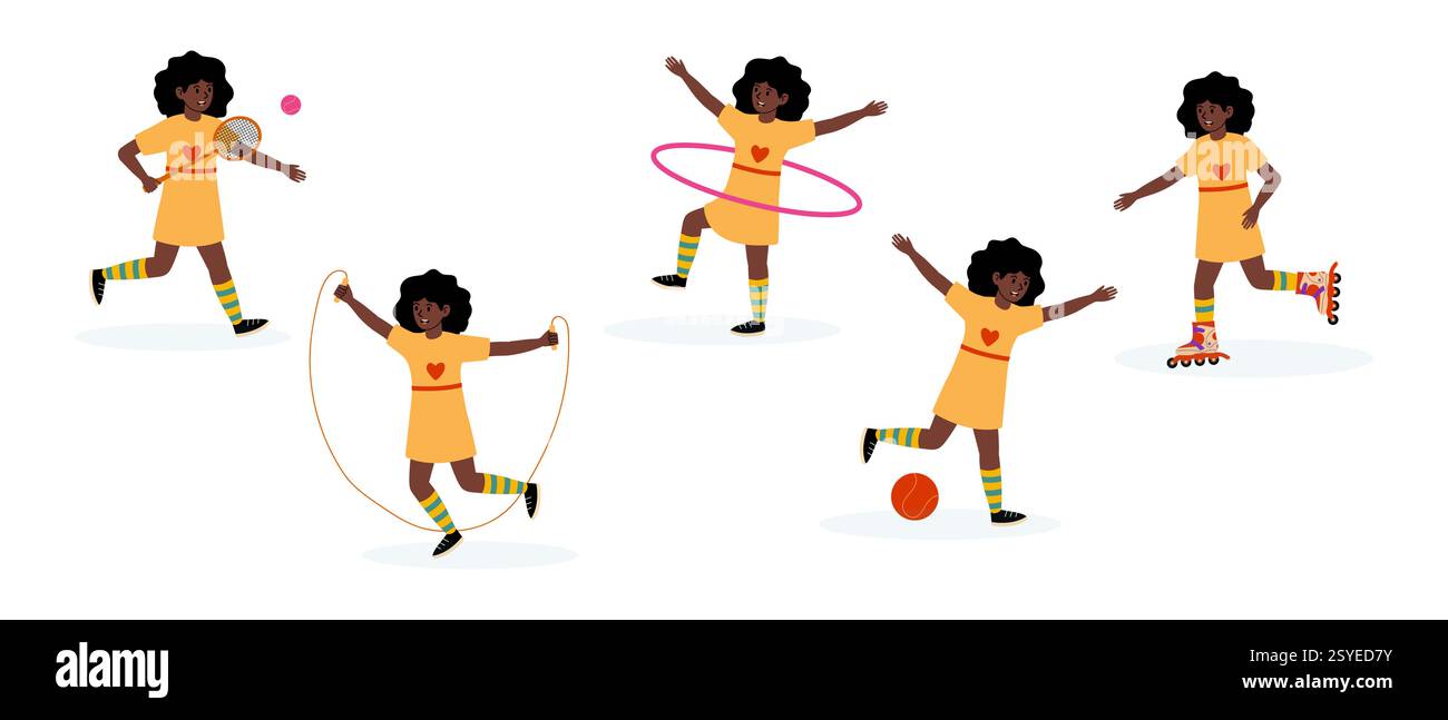 I bambini possono praticare varie attività sportive all'aperto in un pomeriggio di sole Illustrazione Vettoriale