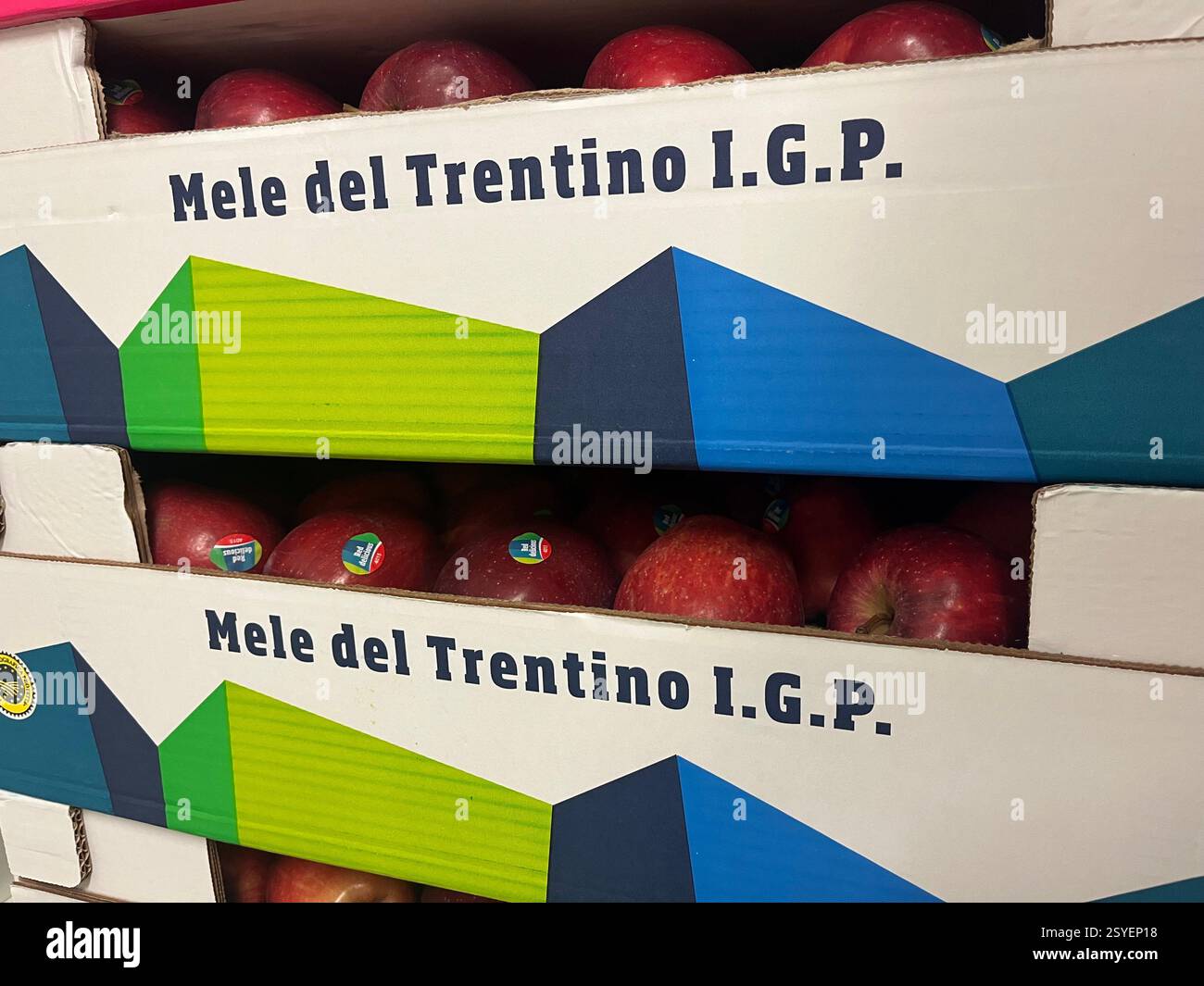 Mele del Trentino I.G.P., prodotto italiano, mele rosse Italia, distributore di frutta, esportatore di mele, casse di cartone mele, fornitore di mele - Immagine stock catturata con smartphone