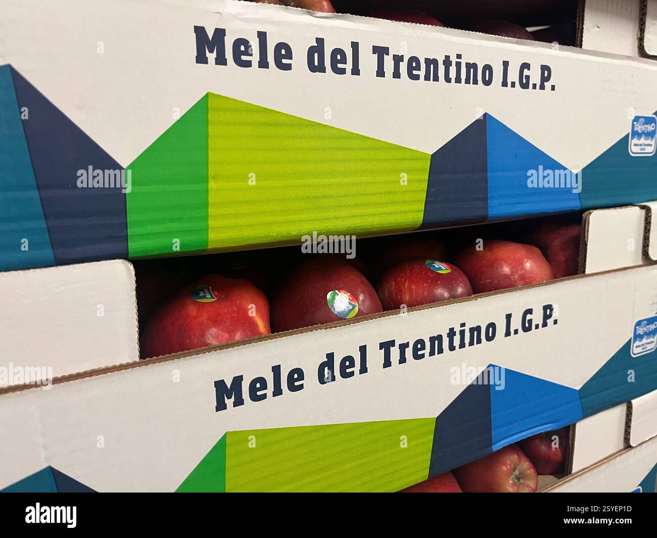 Mele del Trentino I.G.P., prodotto italiano, mele Italia, distributore di frutta, esportatore di mele, fornitura di frutta, distribuzione, catena di approvvigionamento - Immagine stock catturata con smartphone