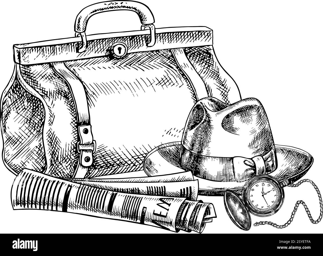 Cappello da uomo, giornale, orologio e sigaro. Un'illustrazione grafica vettoriale disegnata a mano. Immagine in bianco e nero con tema maschile. Per le cartoline, i banner AN Illustrazione Vettoriale