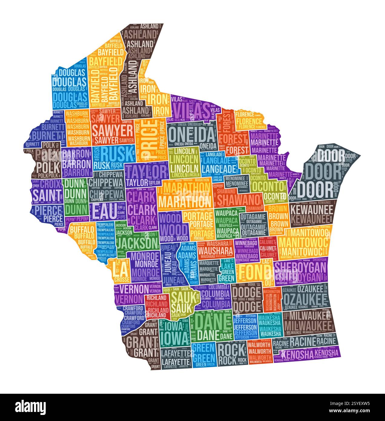 Forma Wisconsin. State Word cloud con divisione contea. Illustrazione a colori Wisconsin. I nomi delle contee sono nubi. Illustrazione vettoriale. Illustrazione Vettoriale