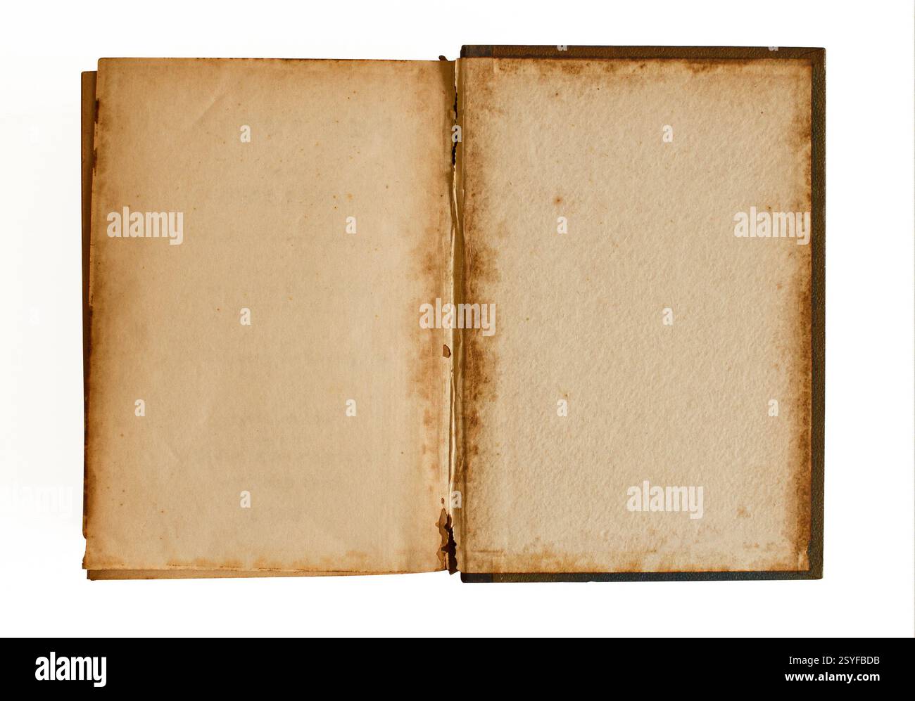 Un libro antico è aperto, rivelando vecchie pagine vuote. Isolato su sfondo bianco Foto Stock