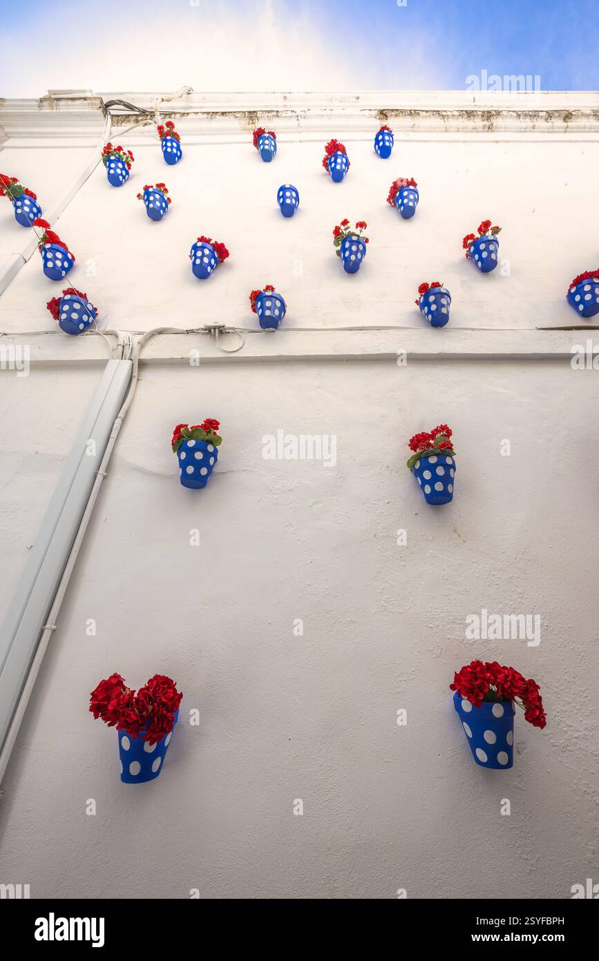Città di Cordoba in Spagna. Fiori rossi in pentole a pois blu adornano una parete bianca, creando un'affascinante e vibrante esposizione. Foto Stock