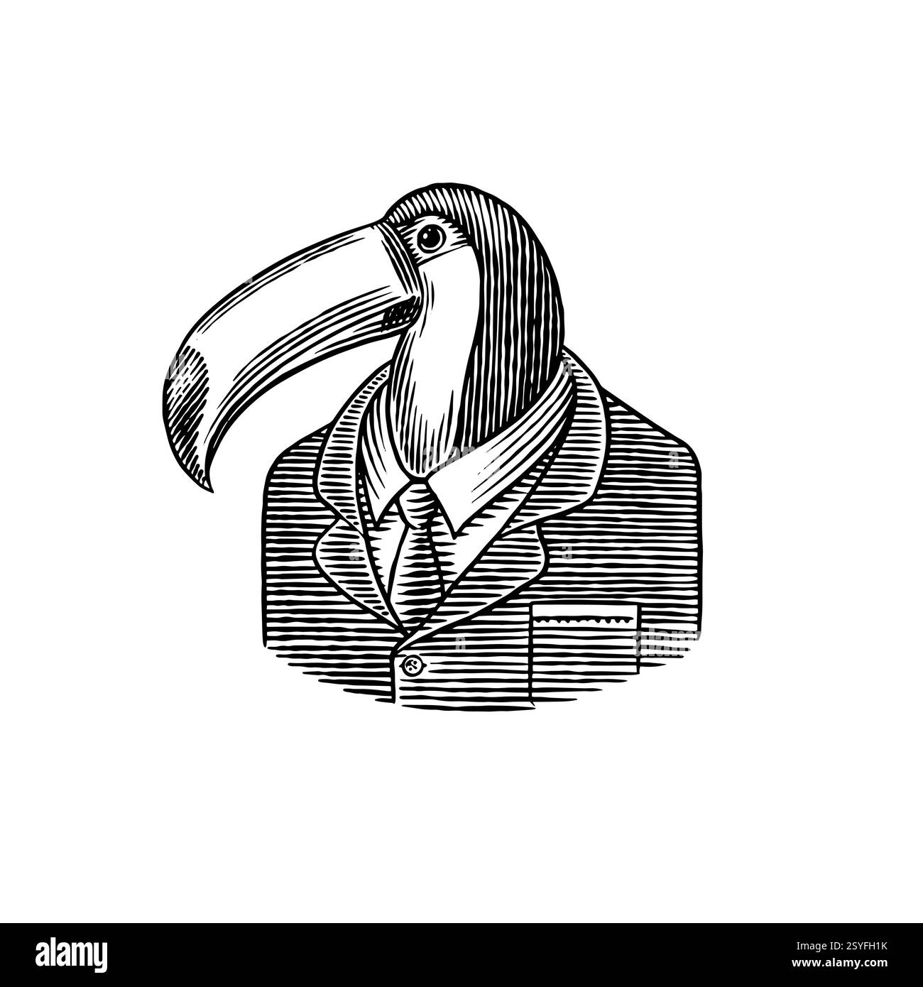 Uccello Toucan in abiti o abiti umani. Sudamericano male animale carattere per uso selvaggio. In completo e cravatta con camicia bianca. Zoo o ecologia Illustrazione Vettoriale Uccello Toucan in abiti o abiti umani. Sudamericano male animale carattere per uso selvaggio. In completo e cravatta con camicia bianca. Zoo o ecologia Illustrazione Vettoriale