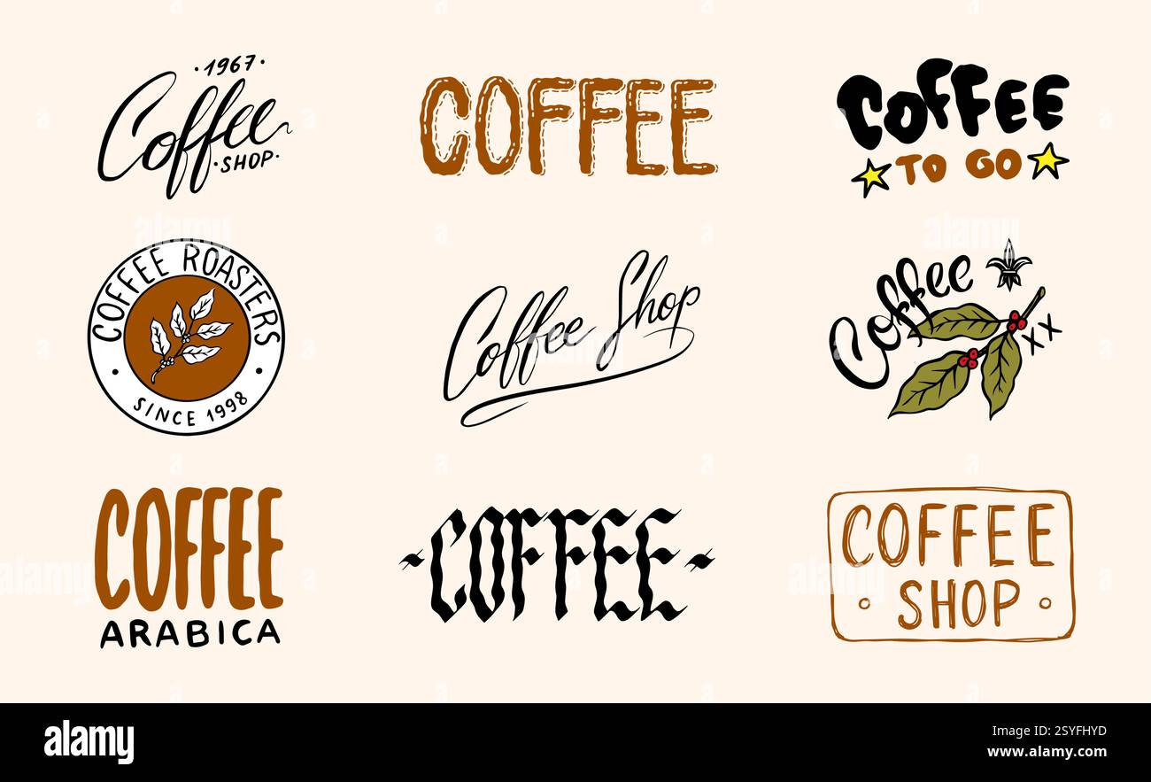 Distintivi o emblemi del caffè per il tuo negozio o pacchetto. Da andare e caffè arabica. Design semplici pronti per l'uso in azienda. Gotico e tradizionale Illustrazione Vettoriale