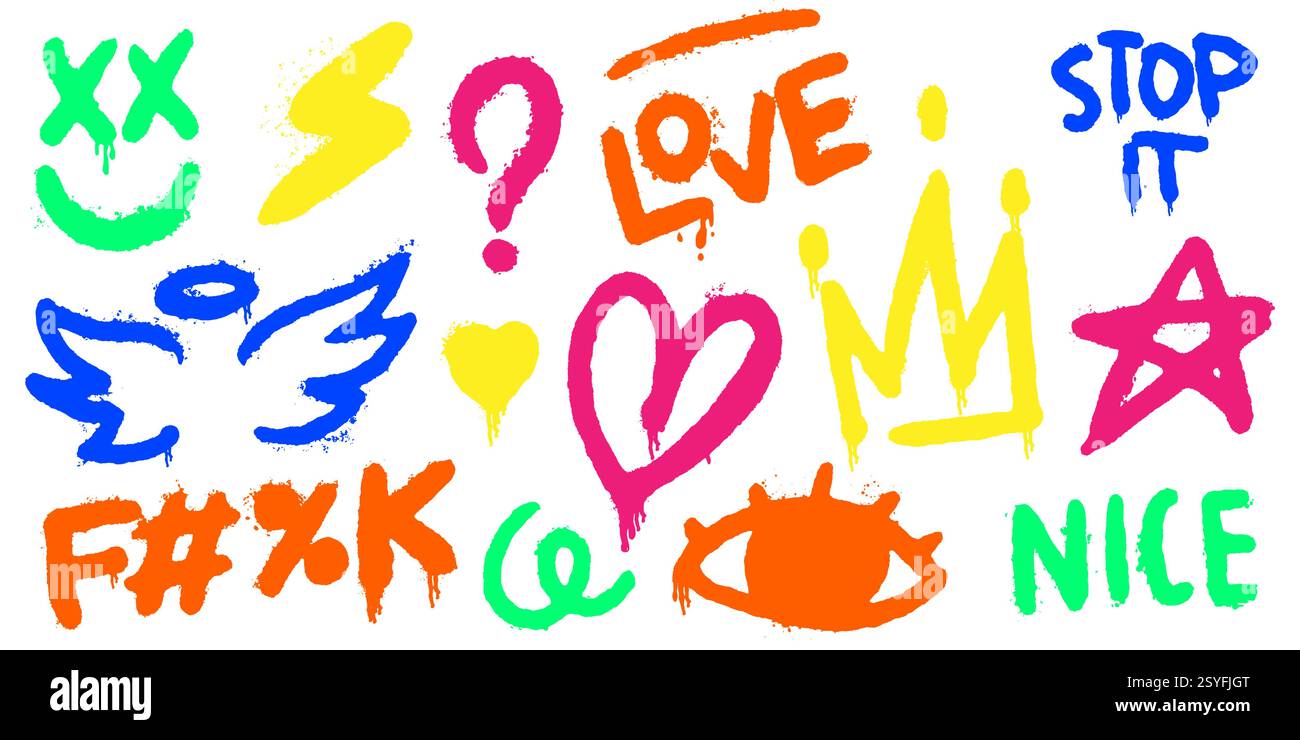 Spruzzare elementi e virgolette di graffiti. Amore e pace, corona e sorriso con ali di cuore e angelo in stile Street art disegnato a mano. Fatto a mano Illustrazione Vettoriale