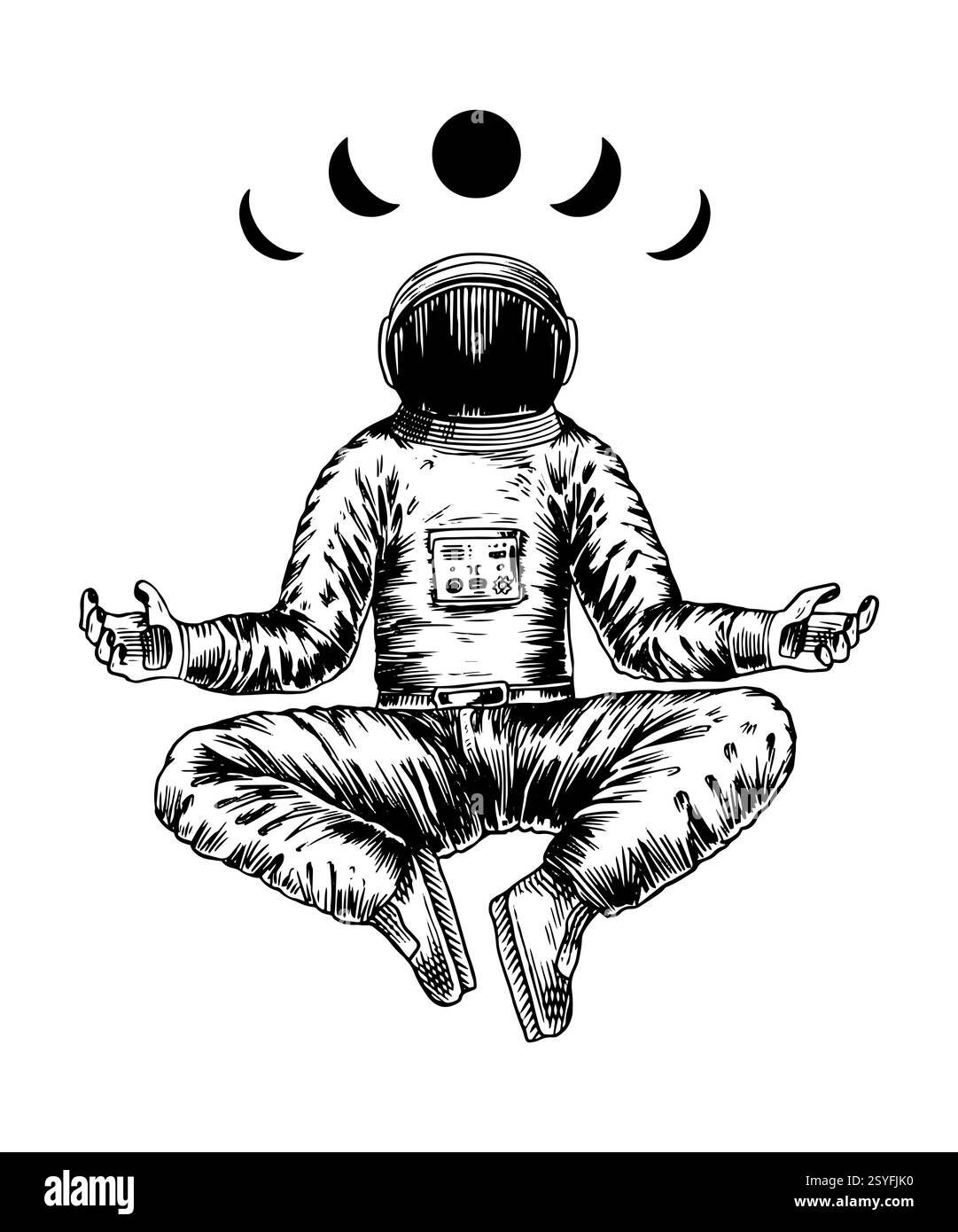Spaceman meditava con le lune in stile vintage inciso. disegno di un astronauta nello spazio fatto a mano con penna e inchiostro in tuta. astronomia e. Illustrazione Vettoriale Spaceman meditava con le lune in stile vintage inciso. disegno di un astronauta nello spazio fatto a mano con penna e inchiostro in tuta. astronomia e. Illustrazione Vettoriale