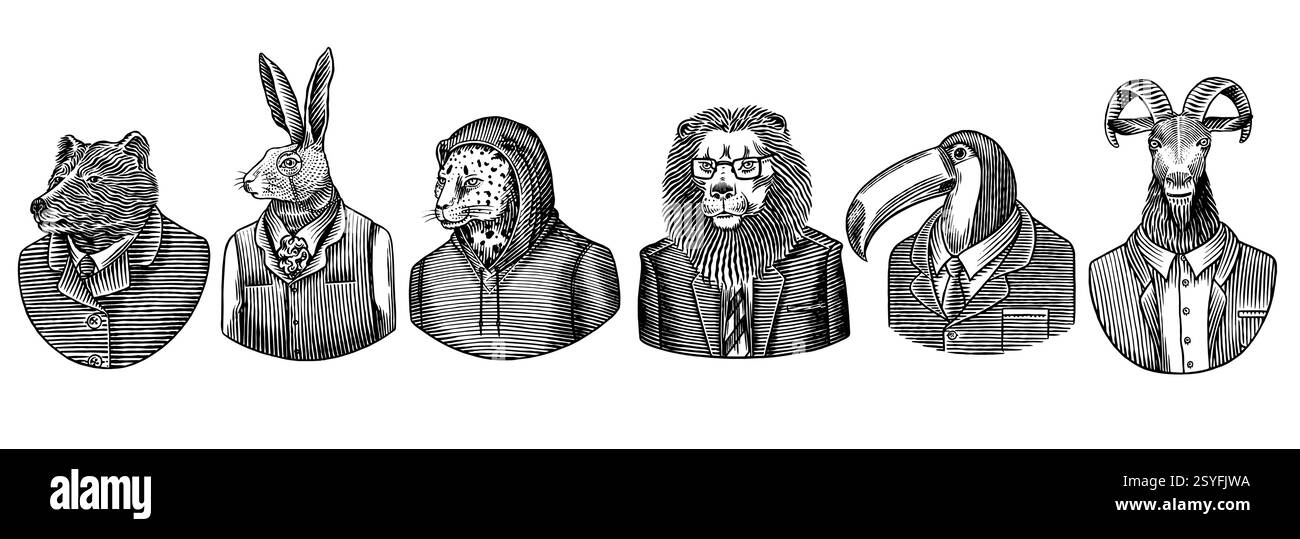 6 diversi animali e uccelli in abiti e abiti umani. Leone, uccello toscano e orso accanto a coniglio e capra per bevande o emblemi. Antropomorfo Illustrazione Vettoriale 6 diversi animali e uccelli in abiti e abiti umani. Leone, uccello toscano e orso accanto a coniglio e capra per bevande o emblemi. Antropomorfo Illustrazione Vettoriale